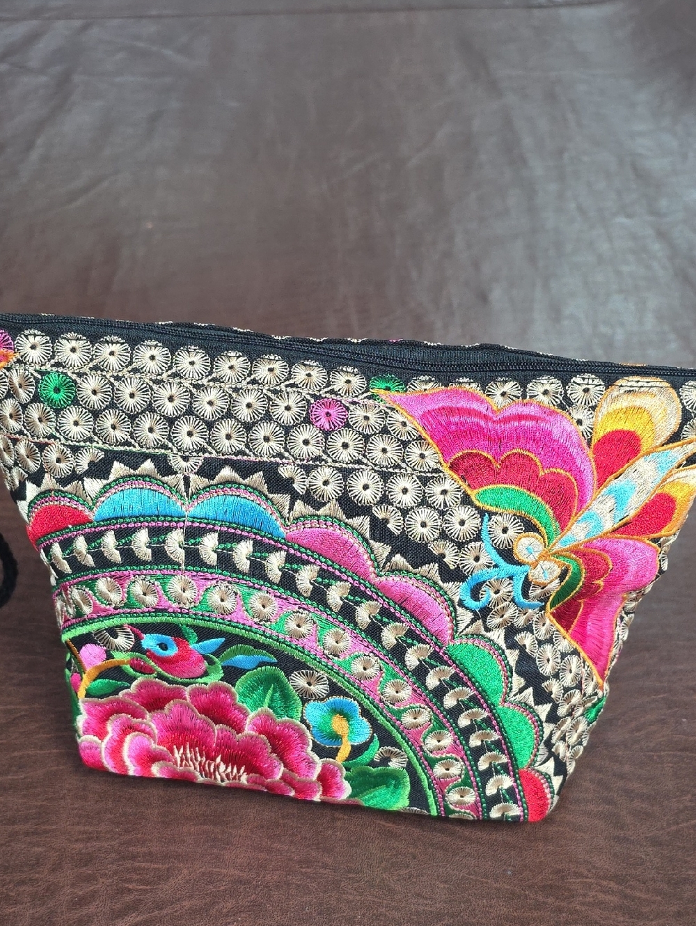 New Embroidered Floral Butterfly Dec Zip Pouch BAccents 10x7x4 Makeup Bag
